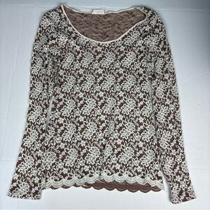 Crystal K Women's Large Shirt Brown Cream Lace Long Sleeve Sheer Nylon Spandex
